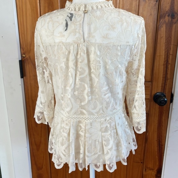 HD in Paris Anthropologie Ivory Cream Pink Lace Top 4 3/4 sleeves Ruffle Hem - Picture 3 of 8